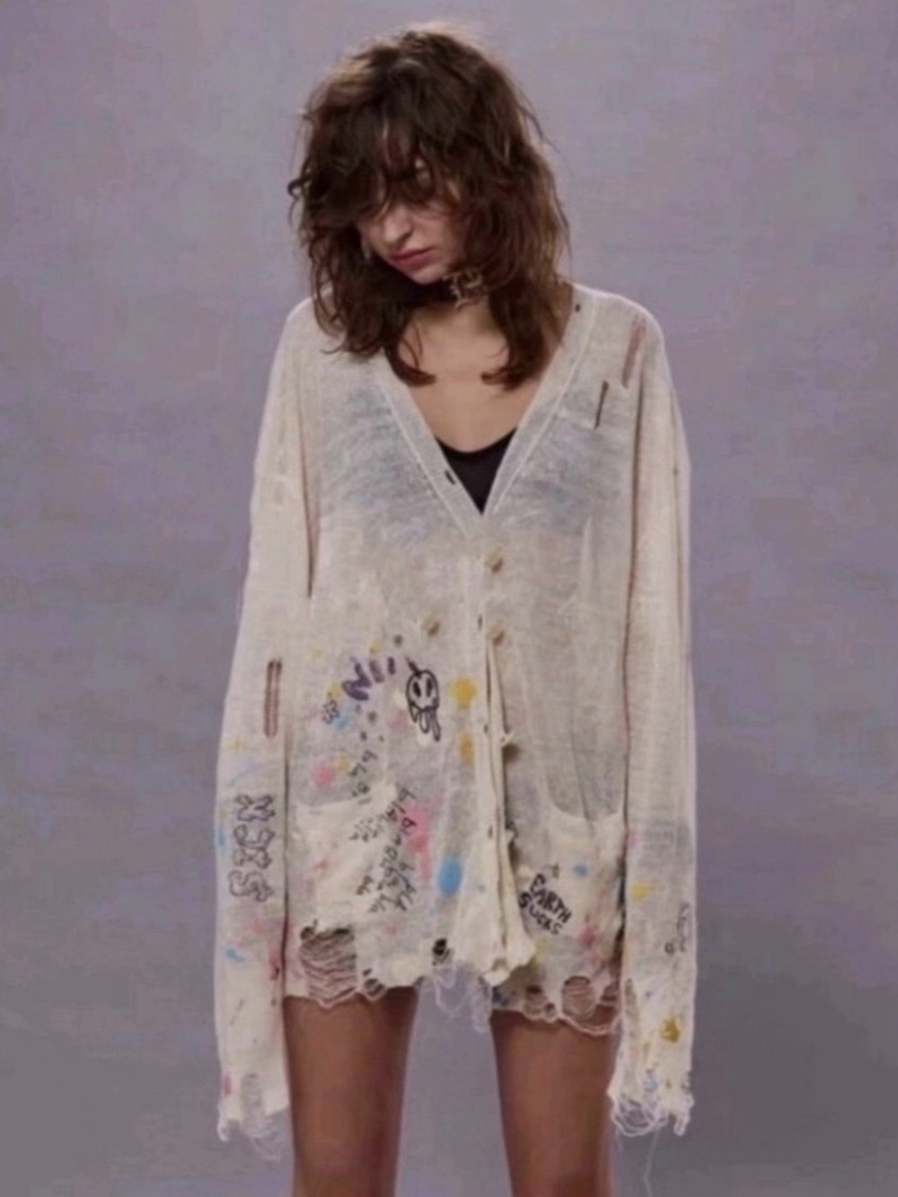R13 Distressed Oversize Scribble Print Boyfriend Cardigan Size Medium